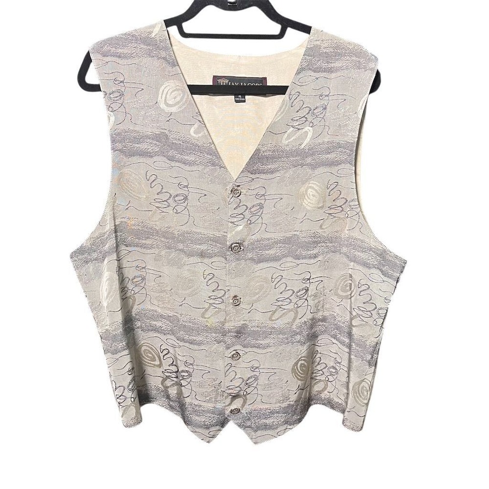 Unisex Silver Geometric Formal Vintage Silk Vest XL V-Neck Button Closure